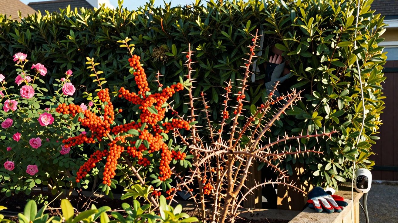 Frutos vermelhos e flores rosas em arbustos com pessoa podando cercado verde ao fundo.