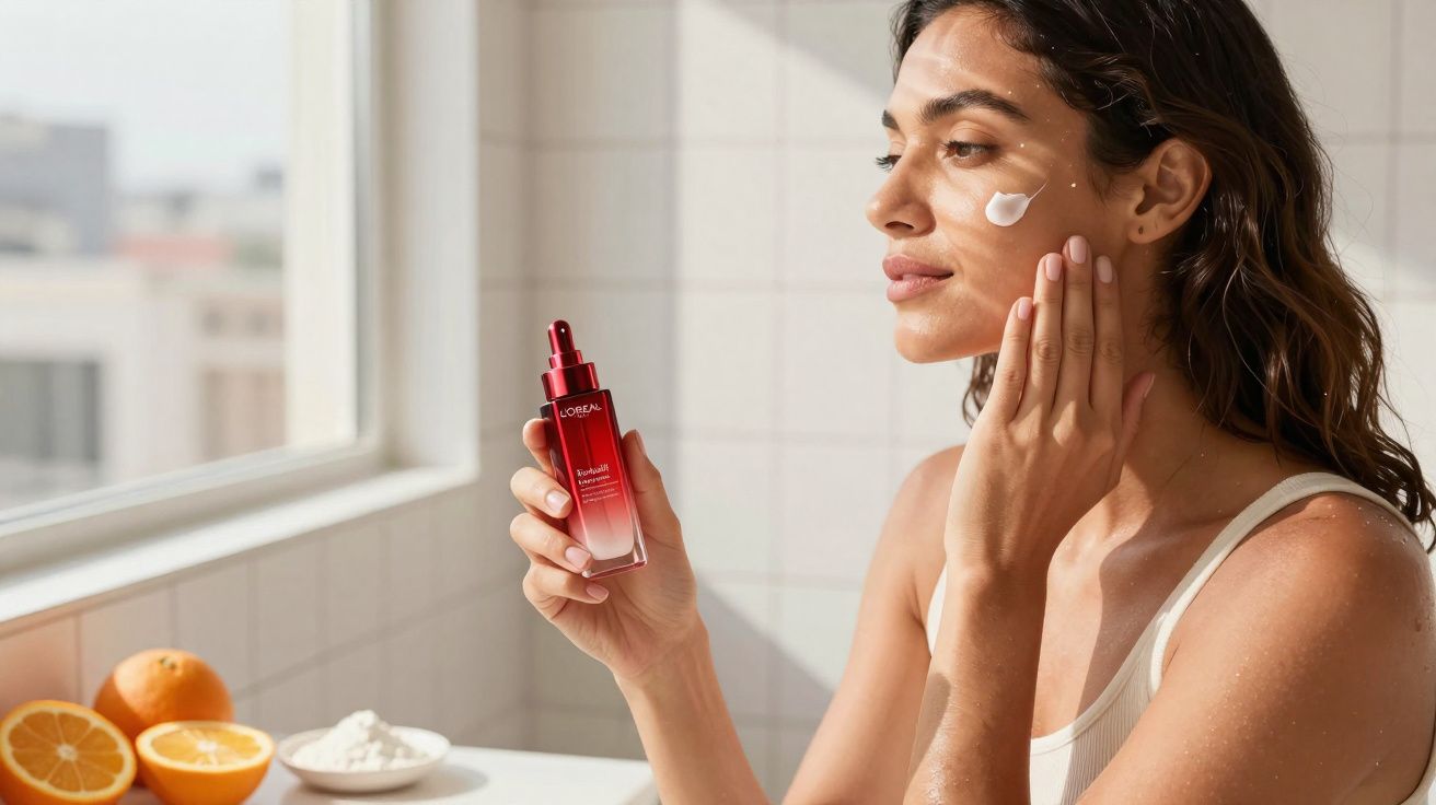Mulher aplicando creme facial com serúm vermelho na mão em ambiente claro com frutas ao fundo.
