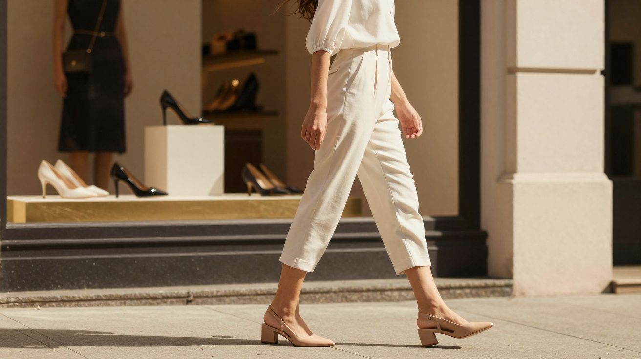 Mulher caminhando em calça clara e sapatos de salto baixo em frente a vitrine de loja de calçados.