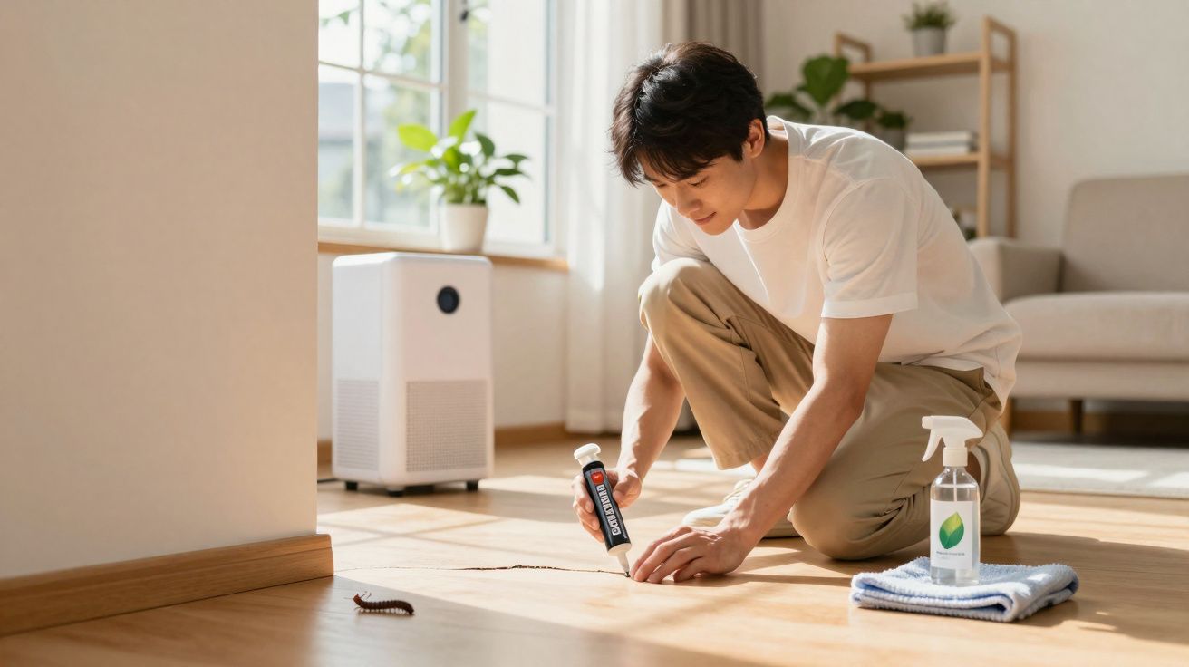 Homem corrige rachadura no chão de madeira de uma sala com selante, ao lado de limpador e pano.