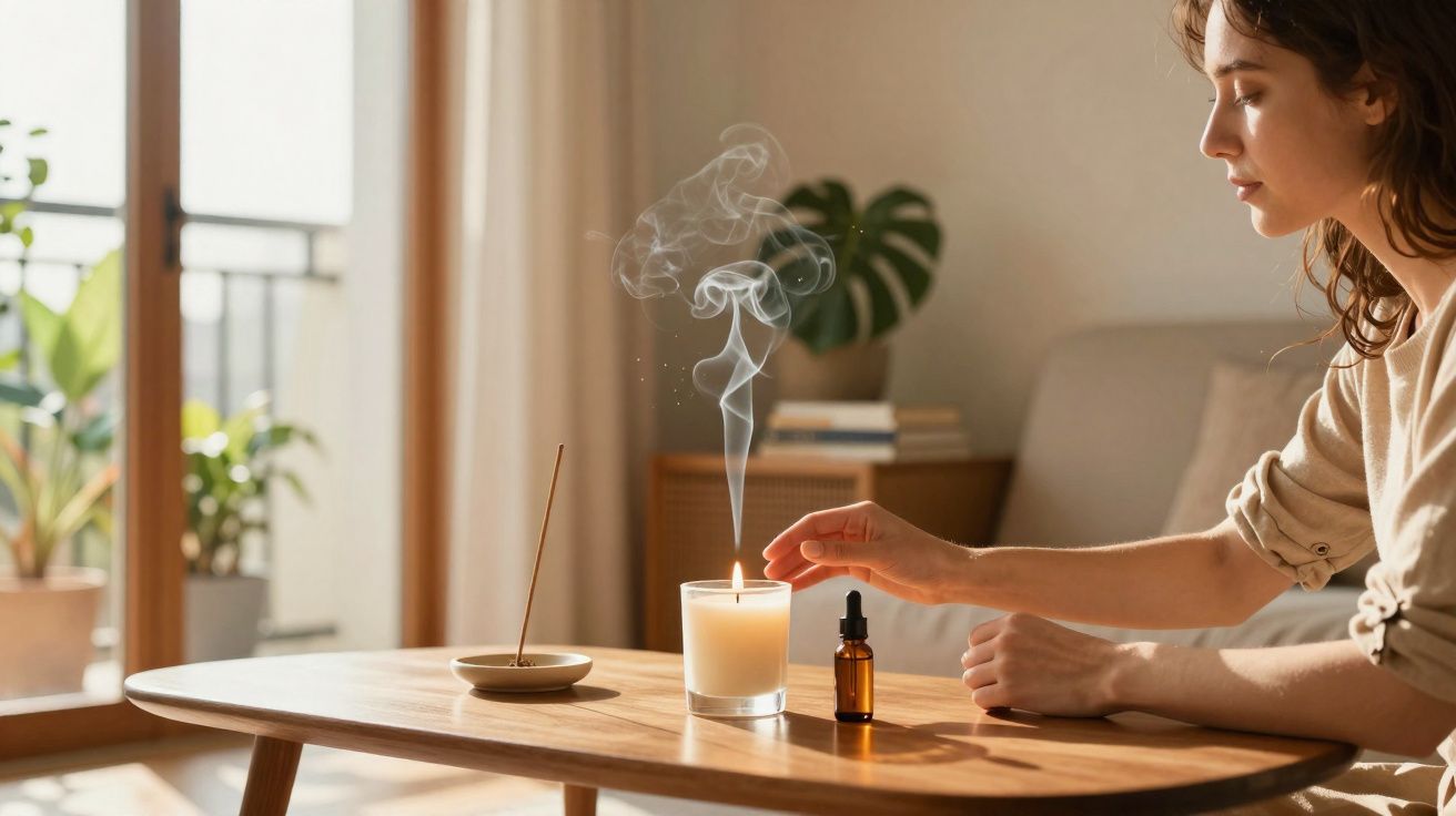 Mulher acendendo vela aromática em sala iluminada, com incenso e frasco sobre a mesa de madeira.