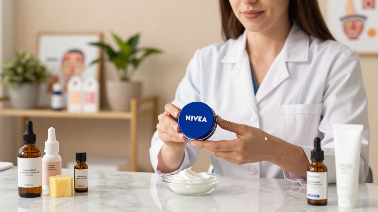 Mulher em jaleco branco segurando pote de creme Nivea, com produtos de cuidado da pele sobre mesa.