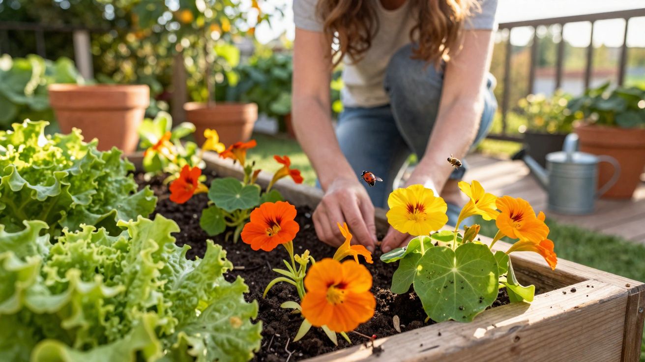Pessoa plantando flores laranja e amarela em canteiro de madeira cercado por folhas verdes e insetos.