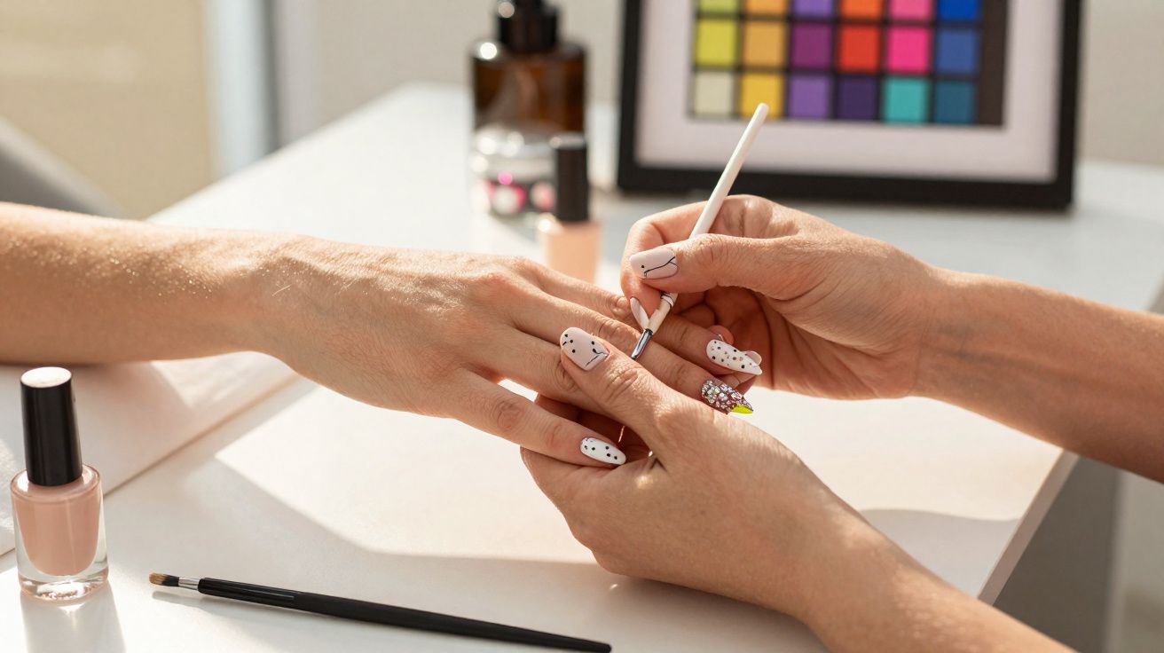 Mãos femininas recebendo pintura artística de unhas com esmalte branco e detalhes pretos e coloridos.