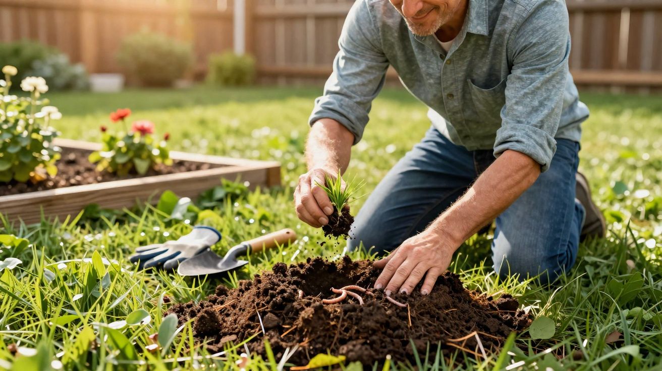Homem ajoelhado plantando muda em jardim com terra, minhocas e ferramentas de jardinagem.