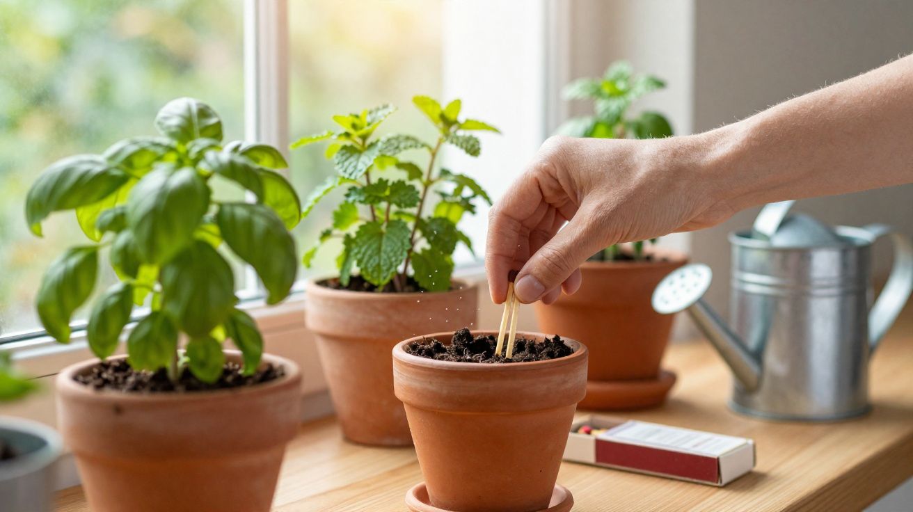 Mão plantando sementes em vaso de barro na janela com regador e outras plantas ao fundo.