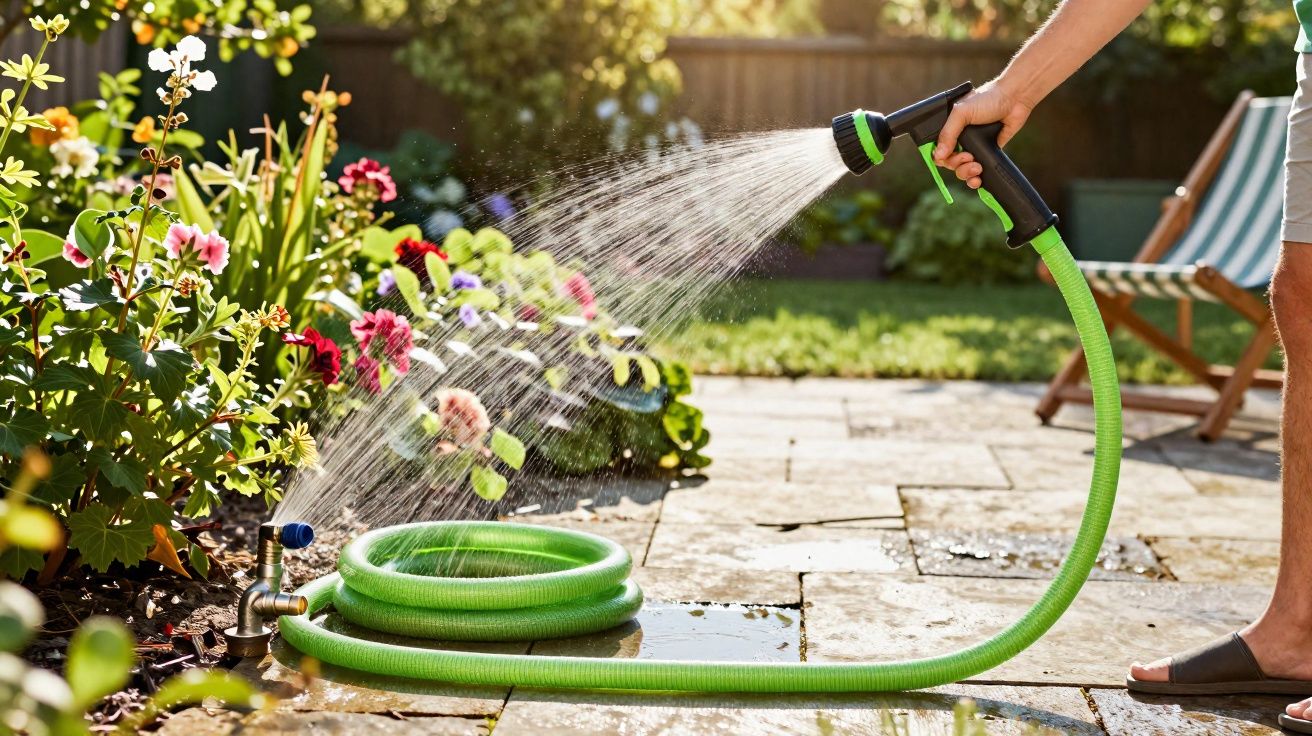 Pessoa regando flores coloridas em jardim com mangueira verde em dia ensolarado.