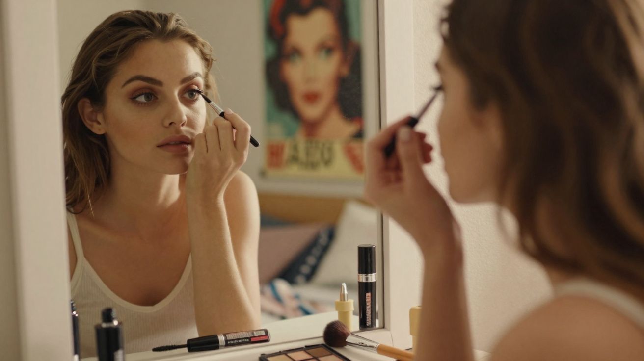 Mulher aplicando maquiagem nos olhos enquanto se olha no espelho com diversos cosméticos na mesa.