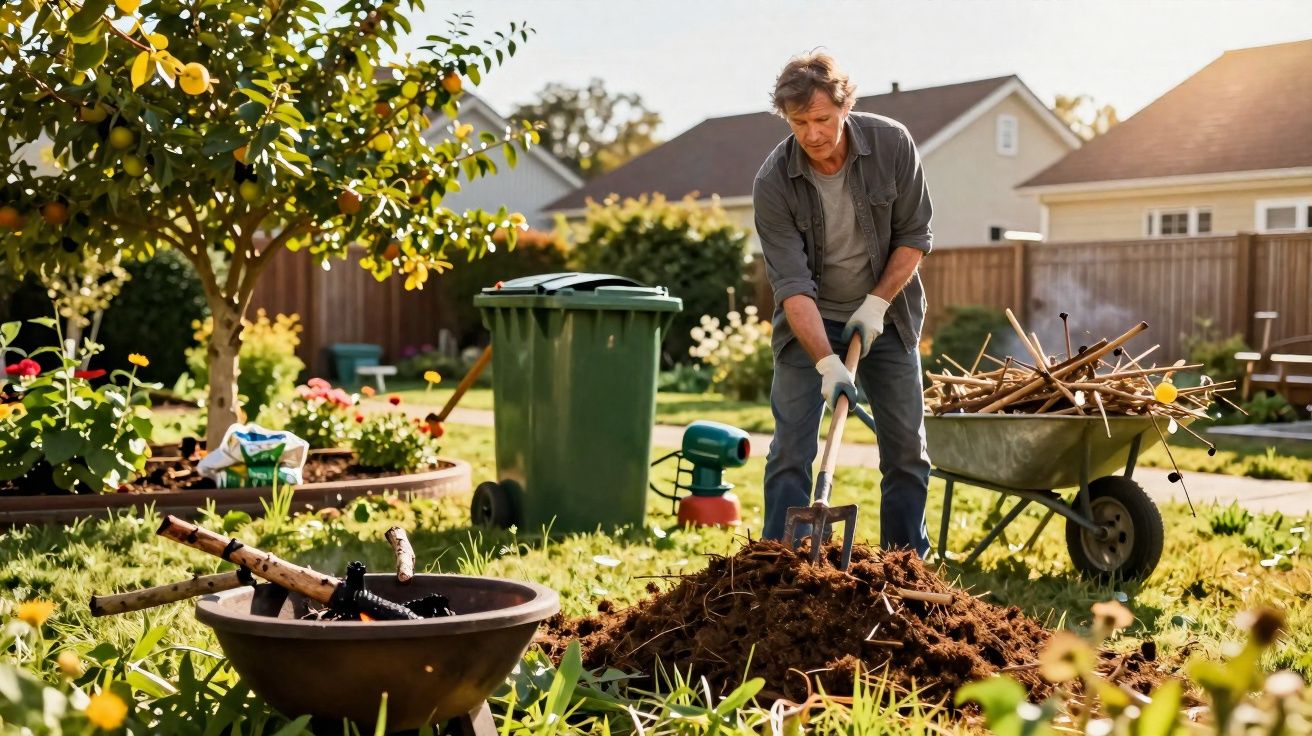Homem com luvas cavando terra em jardim ensolarado com carrinho de mão e árvore frutífera ao redor.