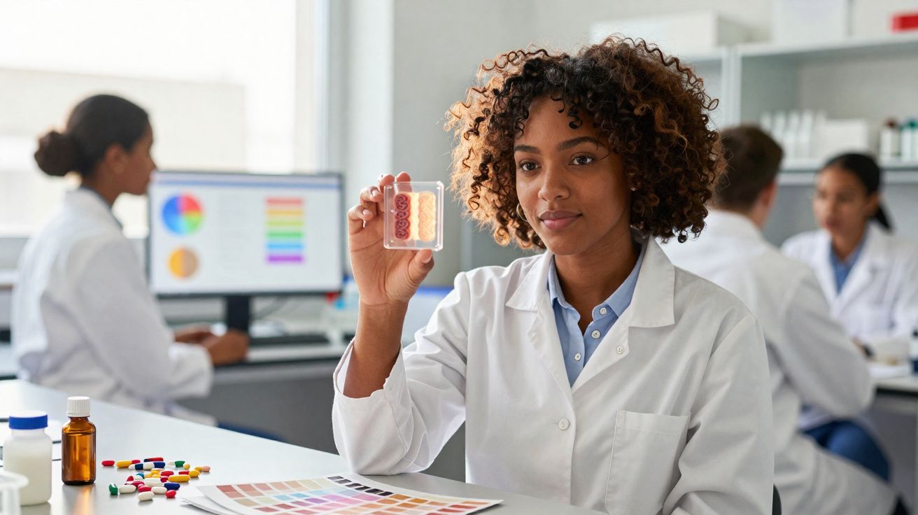 Mulher cientista em laboratório segurando placa com amostras, colegas ao fundo e medicamentos sobre mesa.