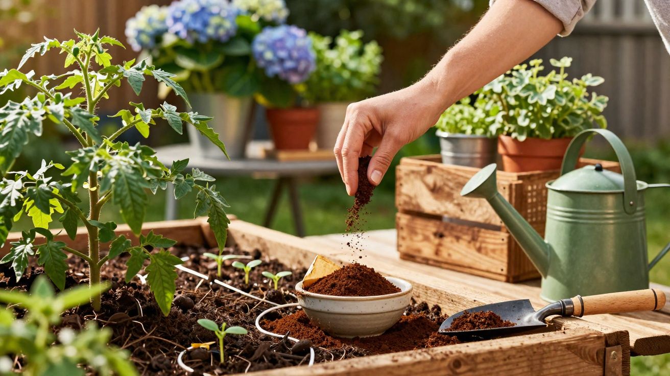 Pessoa adiciona adubo em canteiro de jardim com plantas, regador e pá ao lado em ambiente externo.