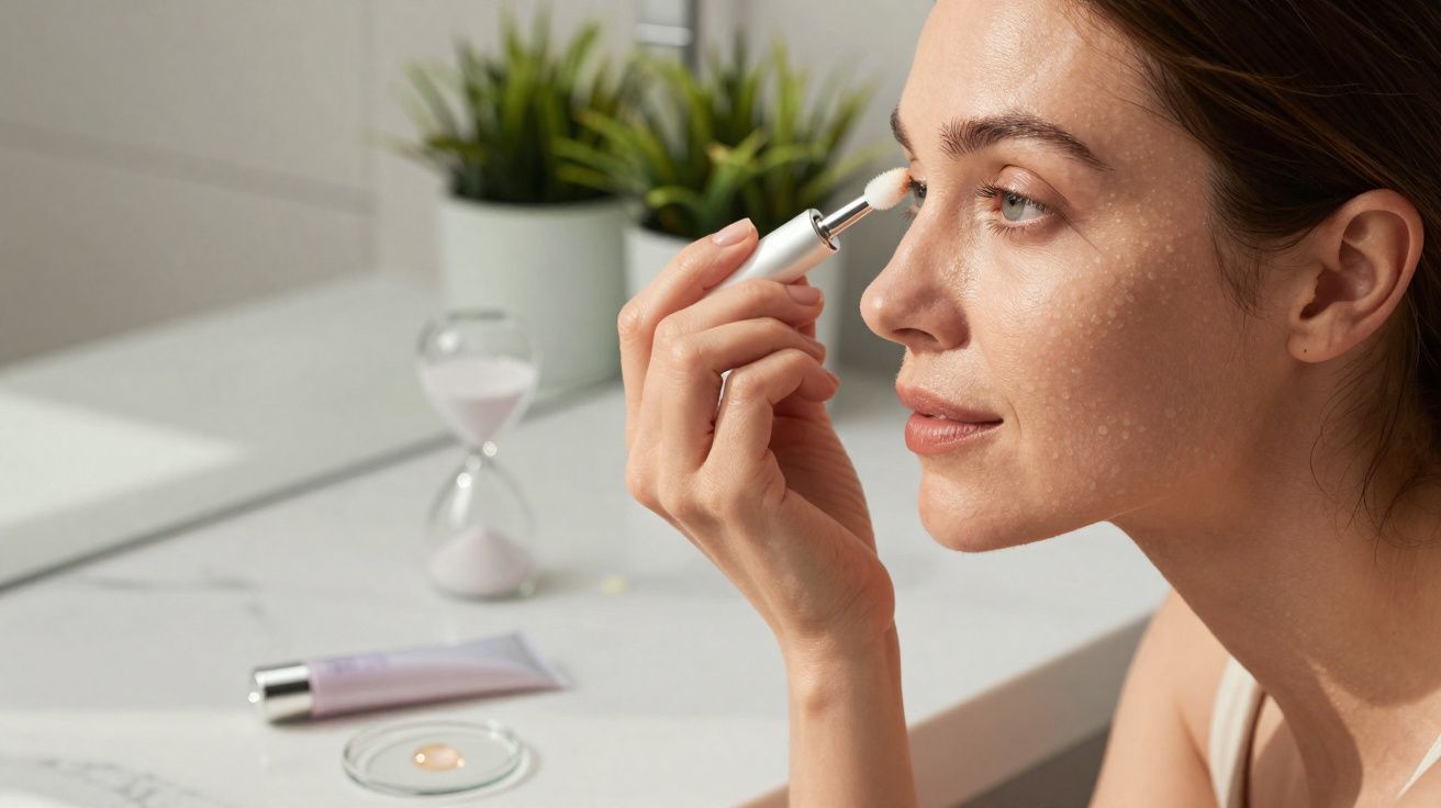 Mulher aplicando creme ao redor dos olhos com pincel em ambiente iluminado e plantas ao fundo.