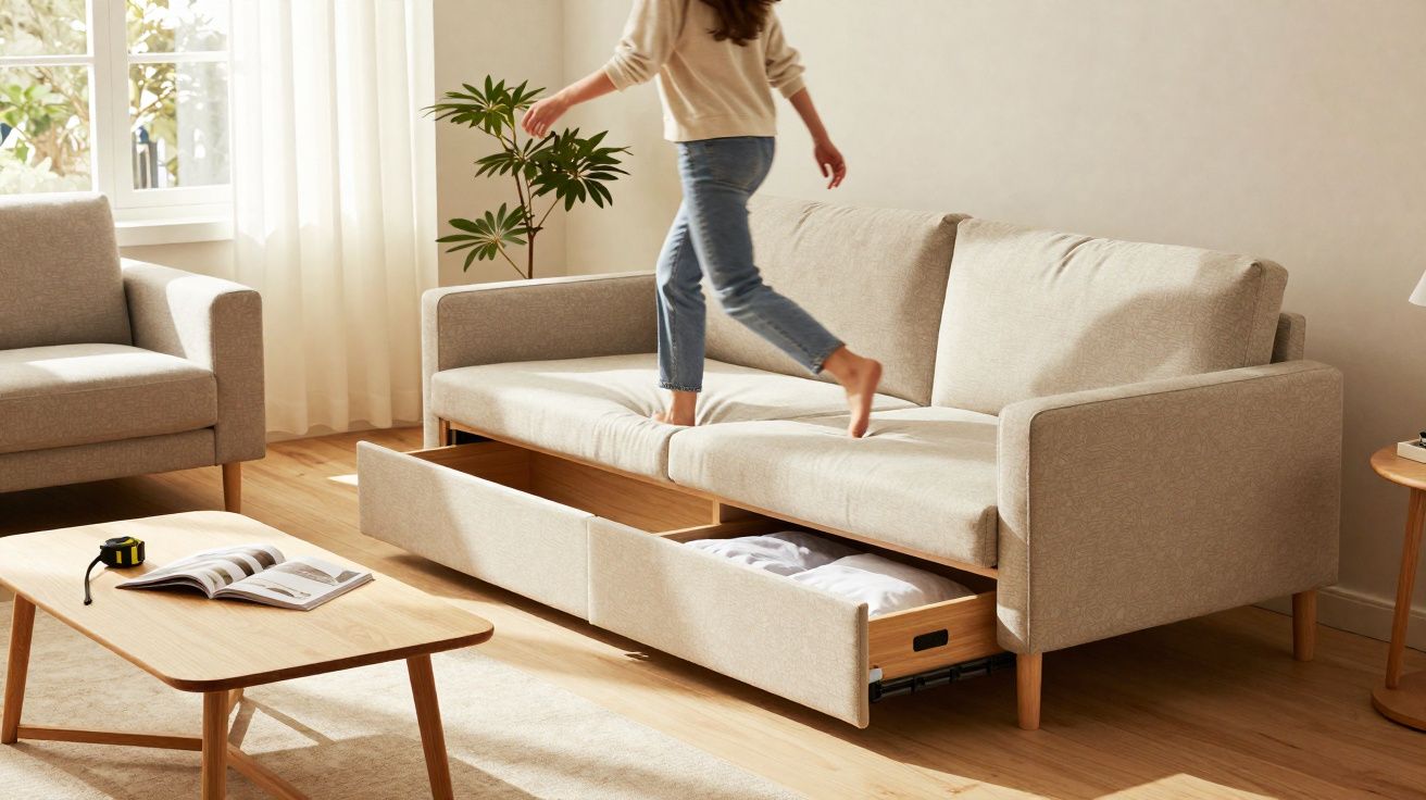Pessoa caminhando descalça sobre sofá bege com gavetas abertas em sala com móveis de madeira clara.