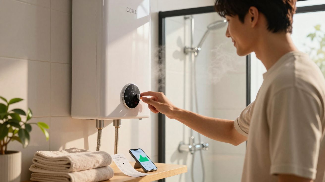 Homem ajusta termostato digital de aquecedor de água em banheiro moderno com toalhas e planta ao lado.