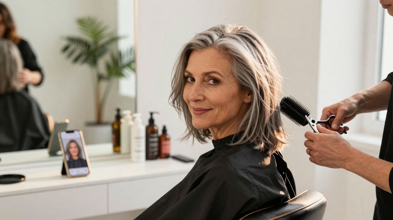 Mulher madura sorrindo sentada em salão de beleza recebendo penteado com escova.
