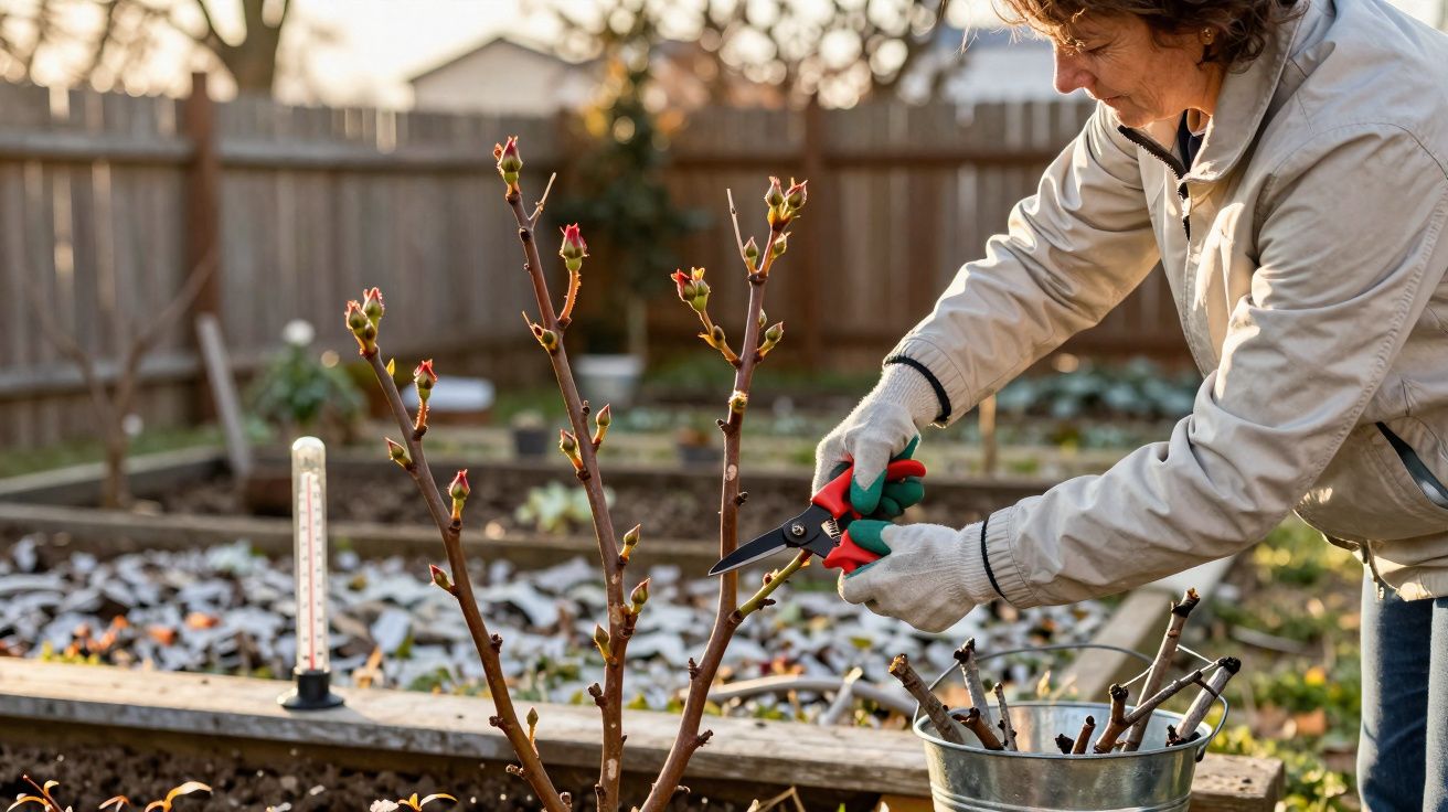 Pessoa cortando galhos de planta com tesoura de poda em jardim ao ar livre.