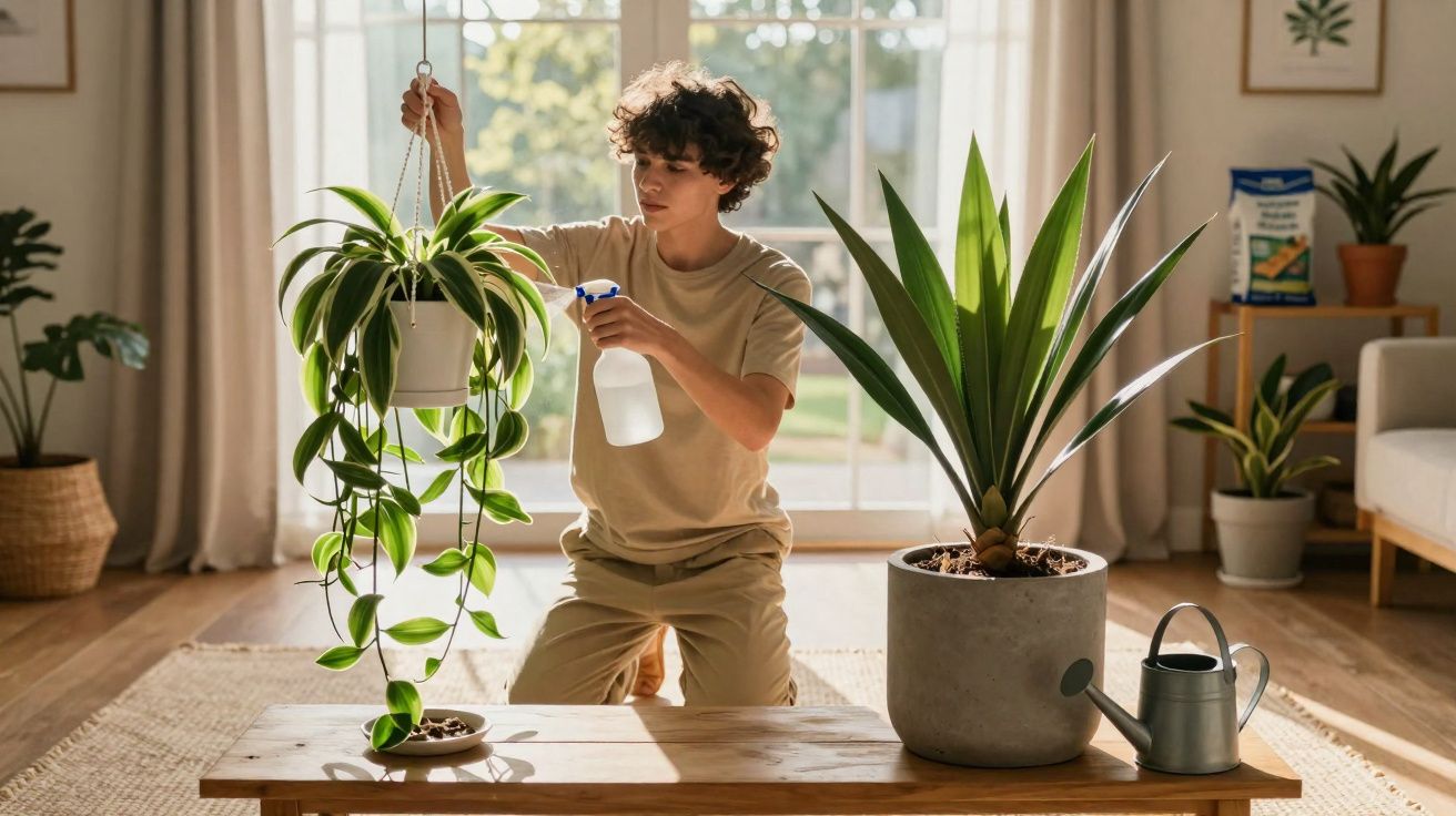 Jovem cuidando de planta pendurada, borrifando água, em sala iluminada com várias plantas e móveis em madeira.