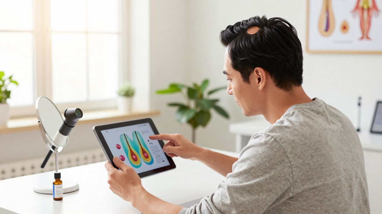 Homem em consultório analisando imagens médicas de dentes inflamados em um tablet.