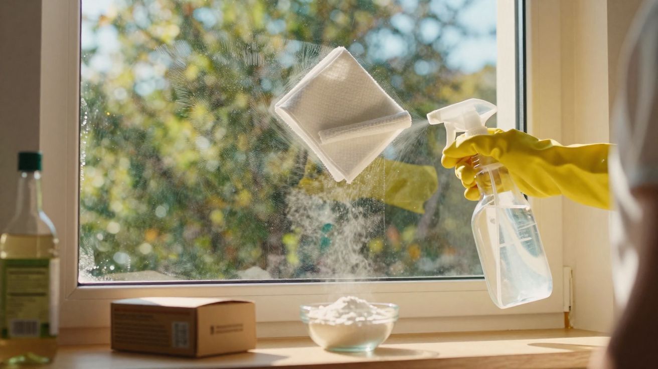 Pessoa com luvas amarelas limpando janela com spray e pano branco próximo a frascos e caixa sobre a bancada.