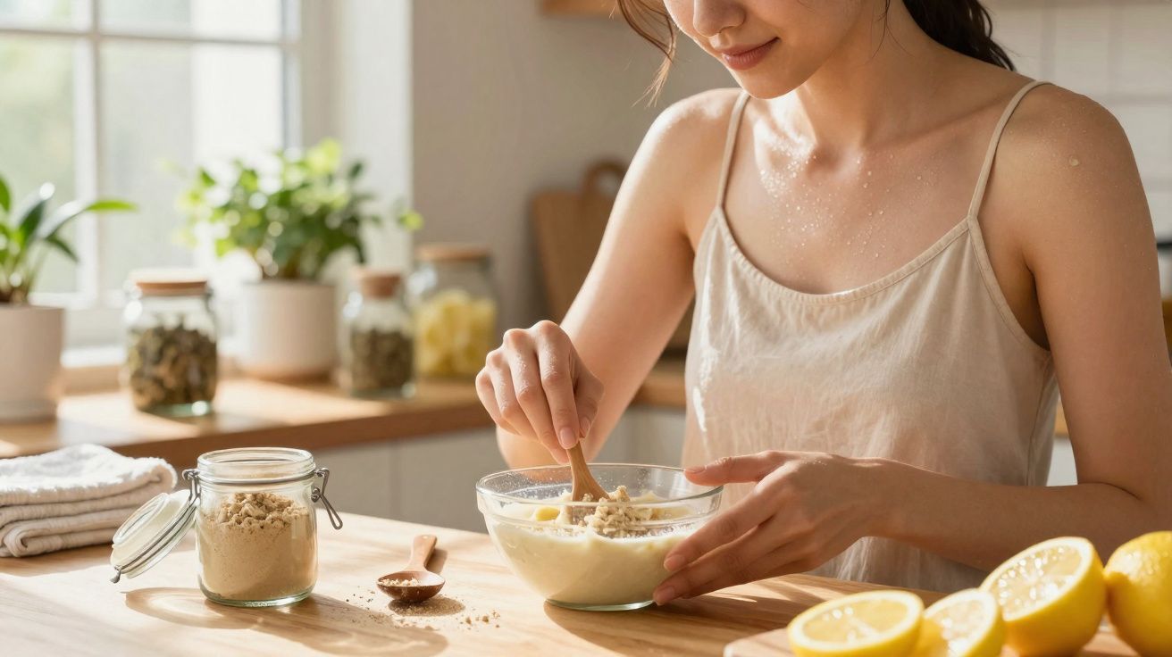 Mulher mexendo ingredientes em uma tigela de vidro na cozinha, com limões cortados ao lado.