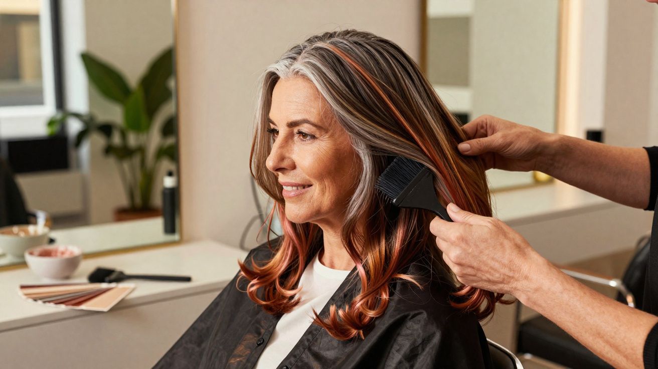 Mulher com cabelos grisalhos e mechas ruivas recebendo tratamento capilar em salão de beleza.
