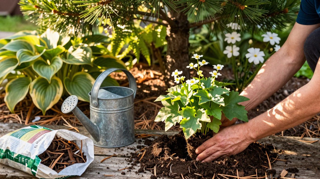 Pessoa plantando flor branca em jardim com regador e adubo ao lado em dia ensolarado.