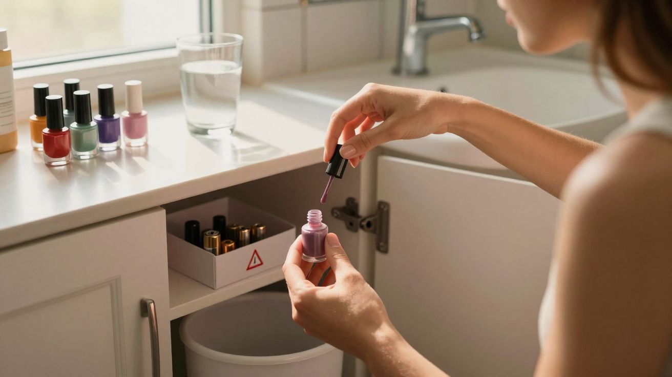 Pessoa segurando e abrindo esmalte rosa em cozinha com vários esmaltes na bancada branca.