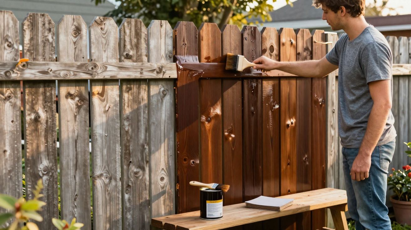 Homem pintando cerca de madeira com tinta marrom em área externa durante o dia.