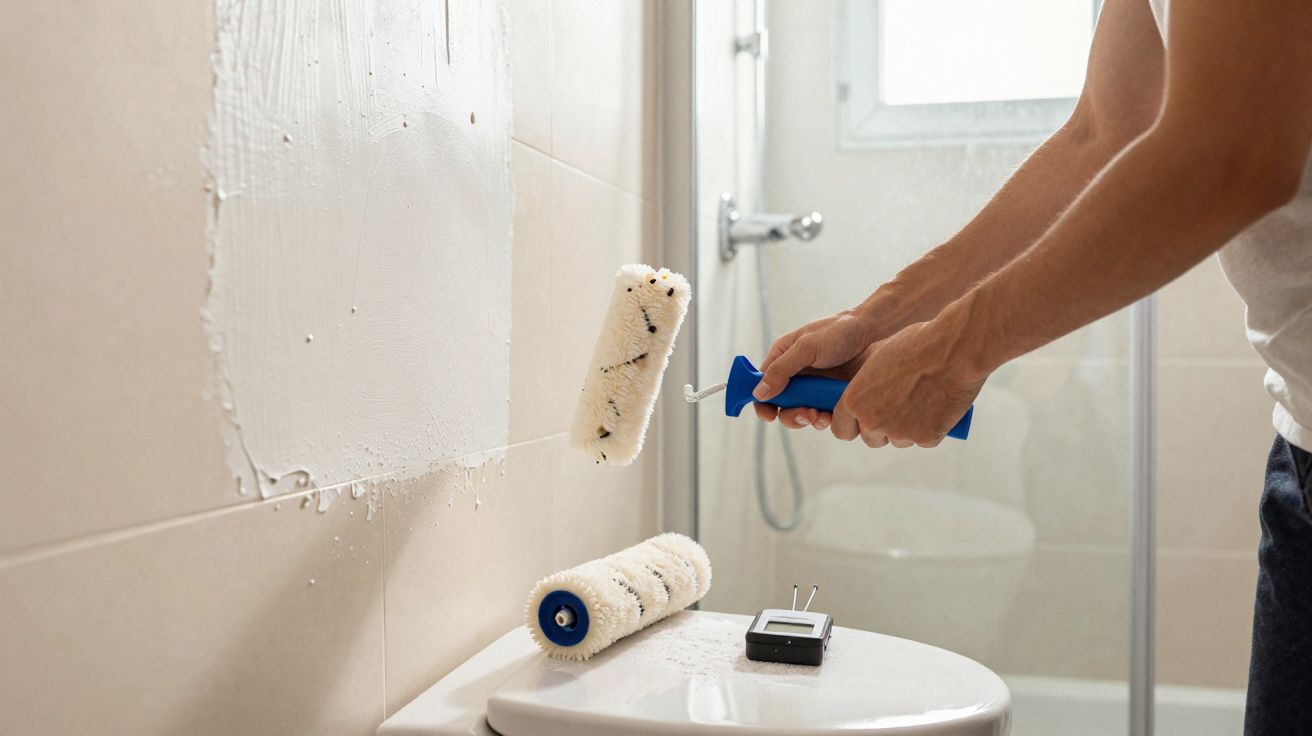 Pessoa pintando parede com rolo branco em banheiro, parede parcialmente coberta com tinta branca.