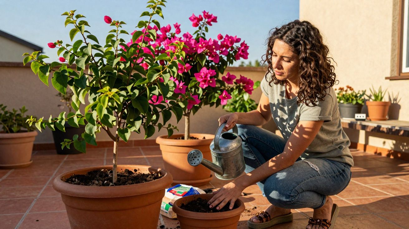 Mulher regando planta em vaso de barro em área externa com luz solar e outras plantas ao fundo.