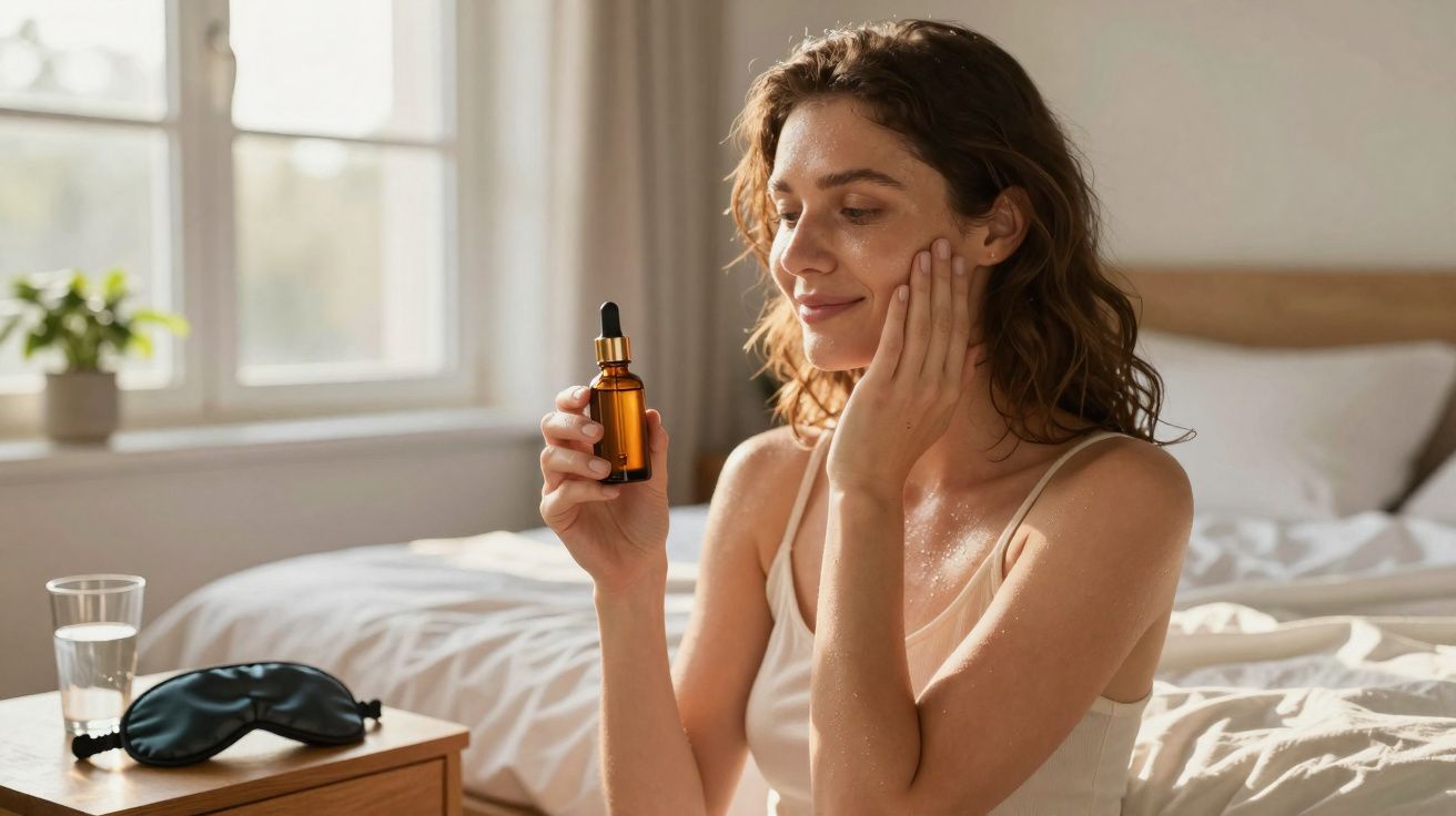 Mulher sentada aplicando sérum facial, segurando frasco âmbar com conta-gotas em quarto iluminado.