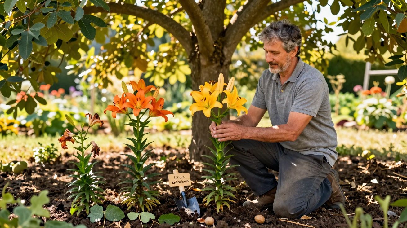 Homem cuidando de lírios alaranjados e amarelos em jardim sob sombra de árvore.