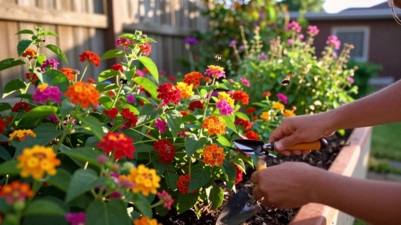 Pessoa cuidando de flores coloridas em um jardim elevado com ferramentas de jardinagem.