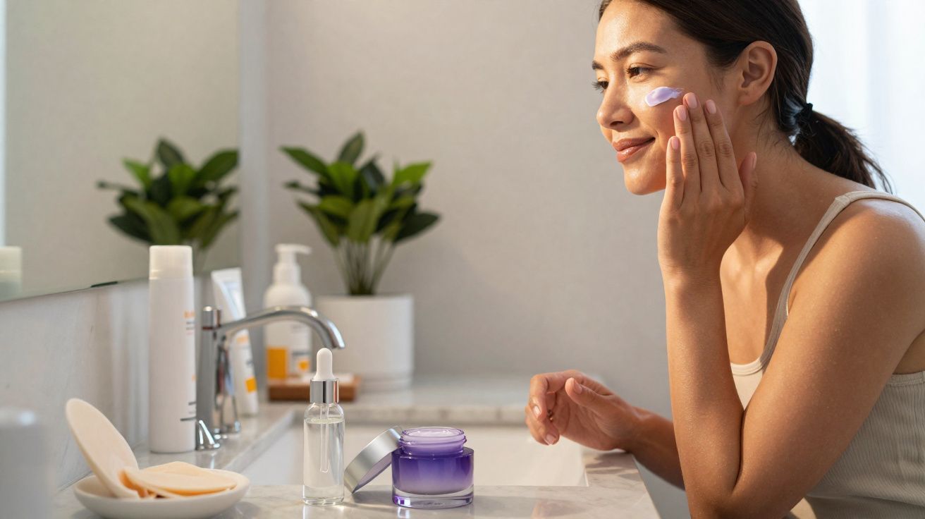 Mulher aplicando creme facial ao lado da pia em banheiro com plantas e produtos de beleza.