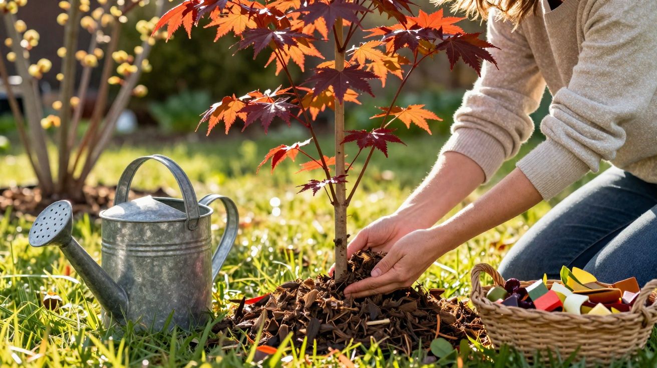 Pessoa plantando árvore com folhas vermelhas em jardim, com regador e cesta ao lado na grama.