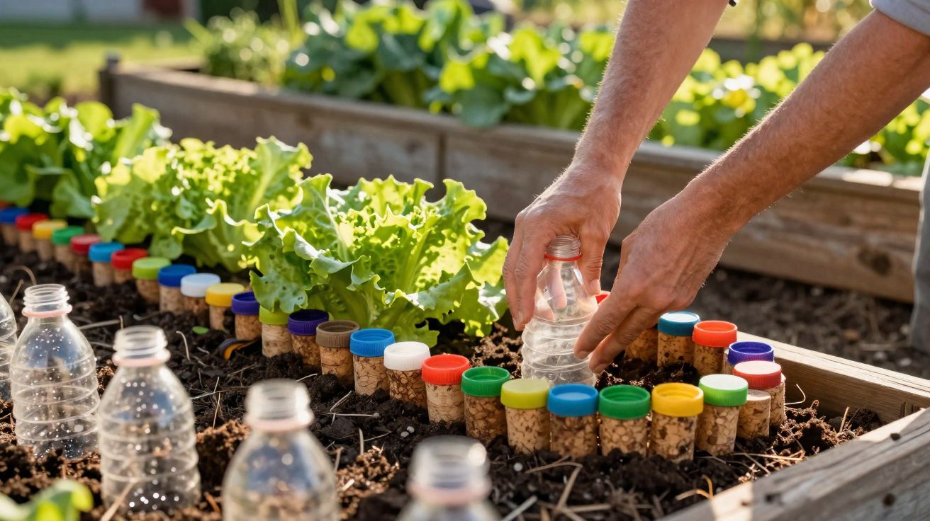 Mãos regando plantas em um canteiro com garrafas pet e rolhas coloridas usados para irrigação.