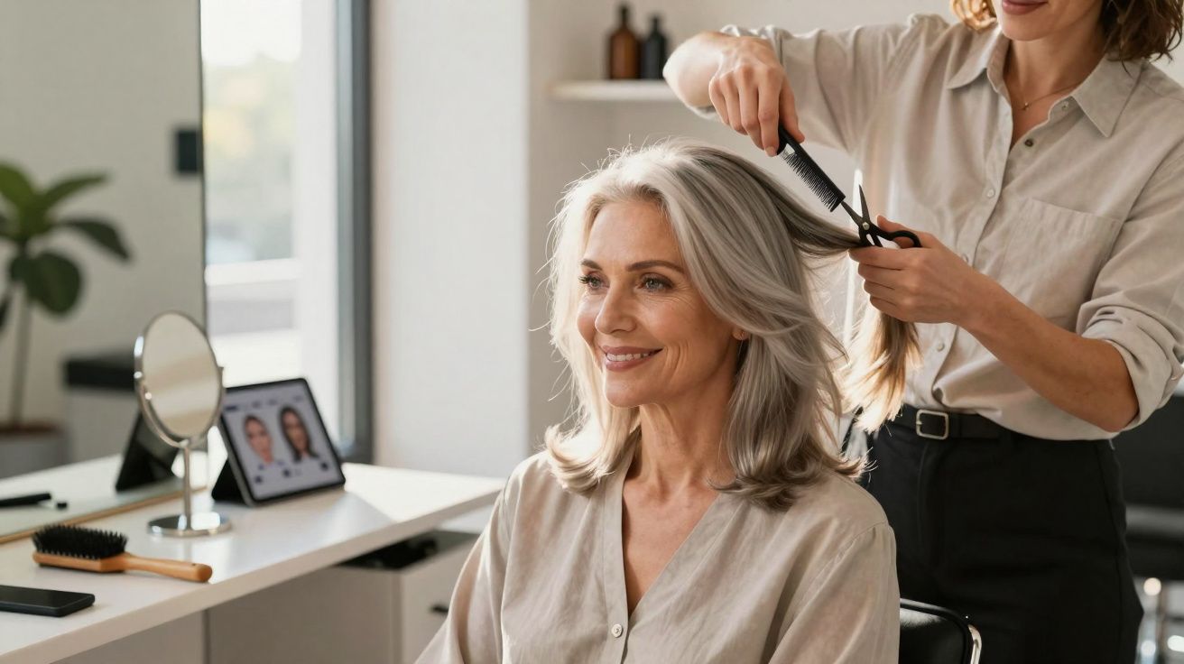 Mulher sorrindo enquanto cabeleireira corta seu cabelo grisalho em salão moderno.