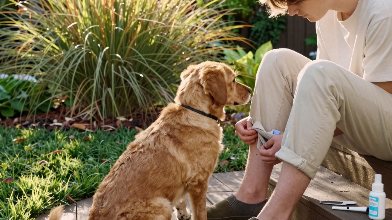 Pessoa cuidando de ferimento na perna enquanto um cachorro observa sentado no jardim.