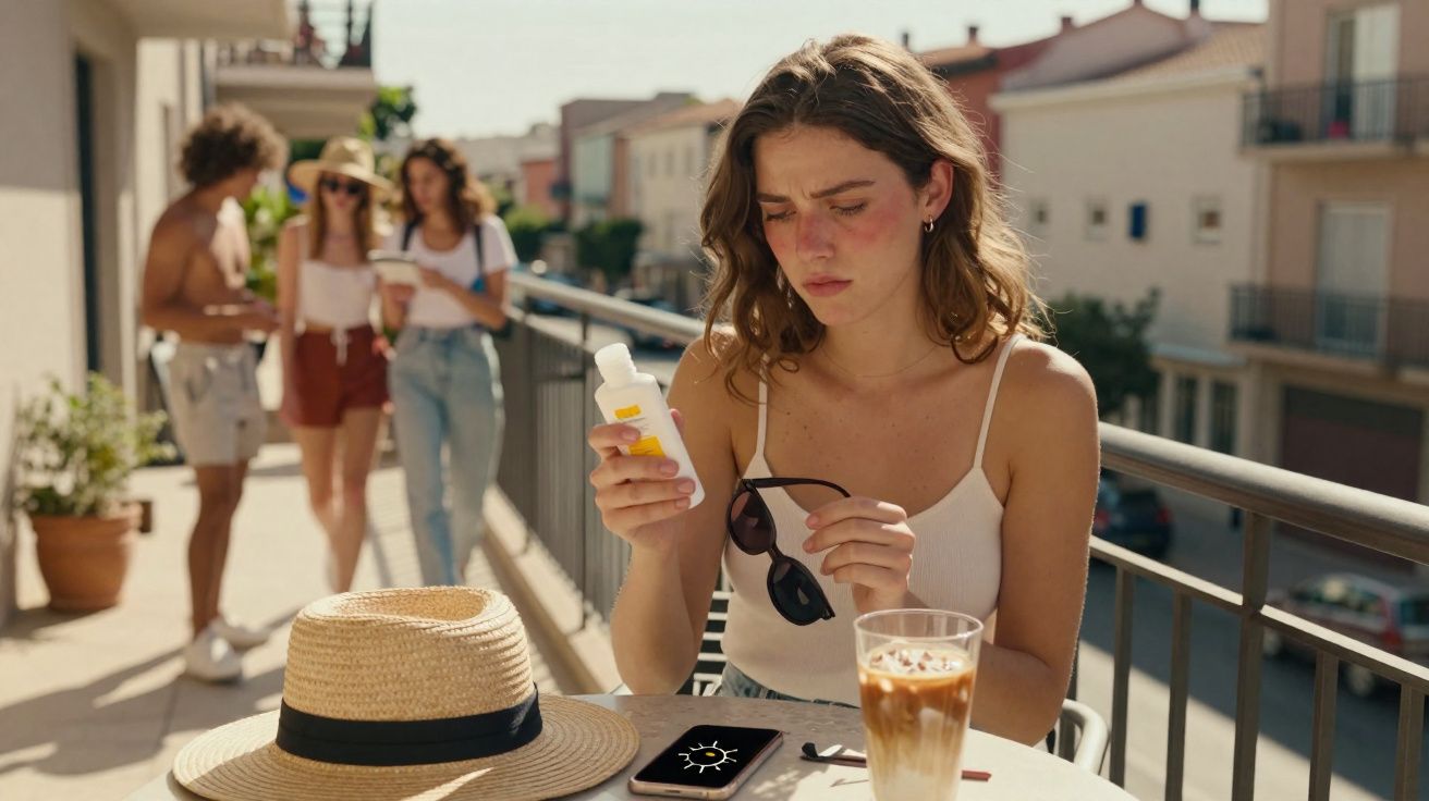 Mulher com pele vermelha segurando protetor solar e óculos, sentada em mesa ao ar livre em varanda ensolarada.
