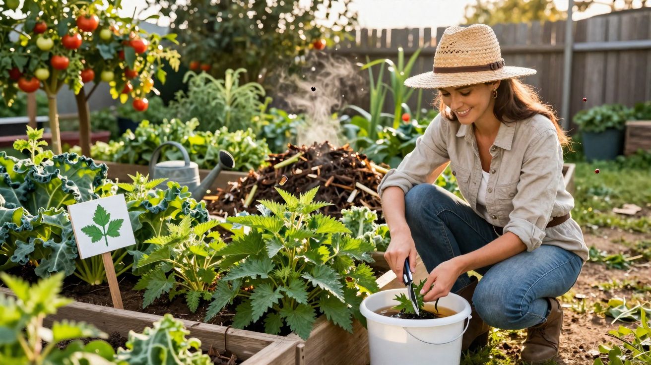 Mulher sorridente com chapéu cuidando de plantas em horta caseira durante dia ensolarado.