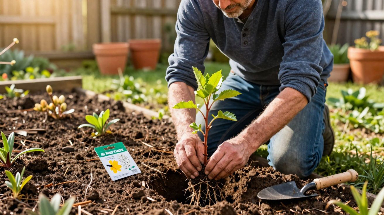 Homem plantando muda em jardim com pá de jardinagem ao lado e vasos ao fundo.