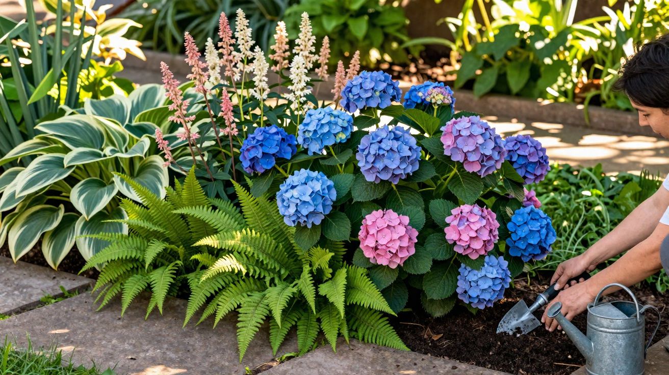 Pessoa cuidando de hortênsias rosas e azuis em jardim com samambaias e folhagens verdes.