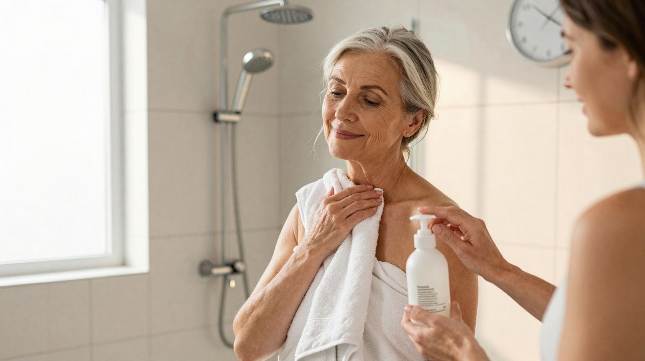 Mulher idosa com toalha no ombro recebendo hidratante de outra mulher em banheiro claro.