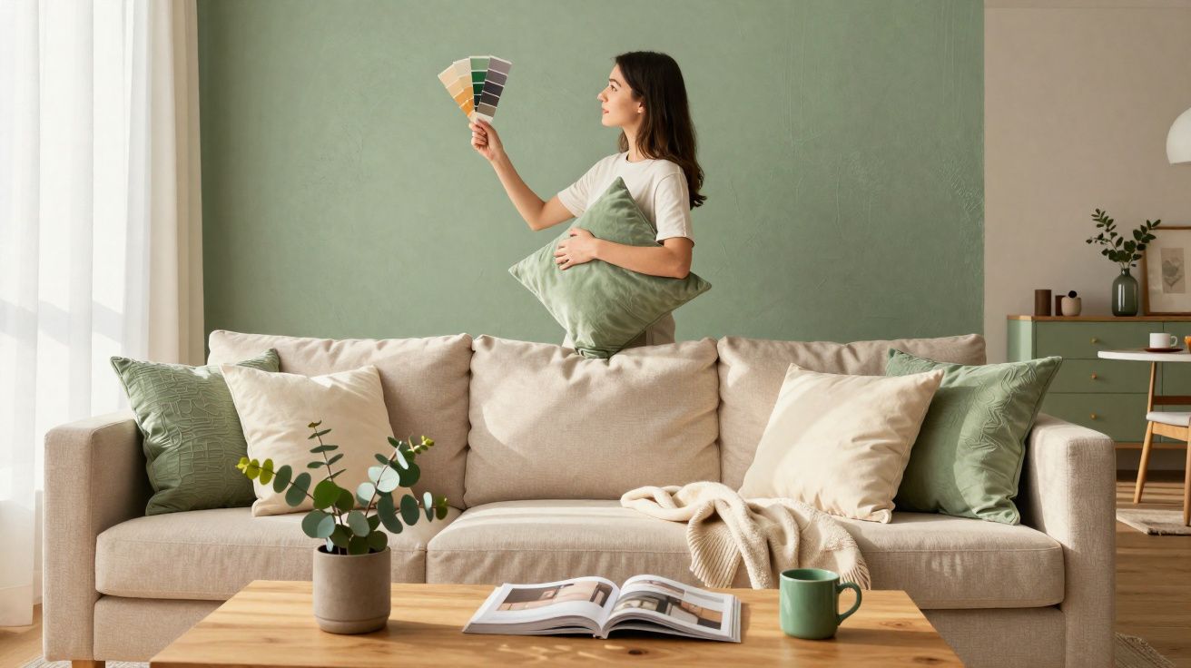 Mulher grávida segurando almofada e paleta de cores em sala de estar com sofá bege e parede verde.