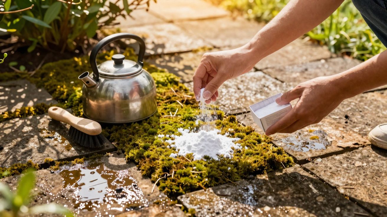 Pessoa espalhando bicarbonato de sódio sobre musgo entre pedras de um piso ao ar livre com chaleira e escova ao lado.