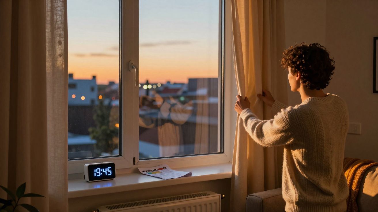 Pessoa abre cortina de janela ao entardecer em sala com relógio digital marcando 19:45.