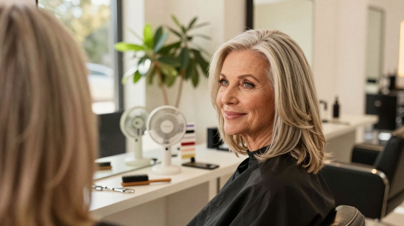 Mulher madura sorrindo sentada em salão de beleza, olhando para o espelho, com cabelo loiro médio.