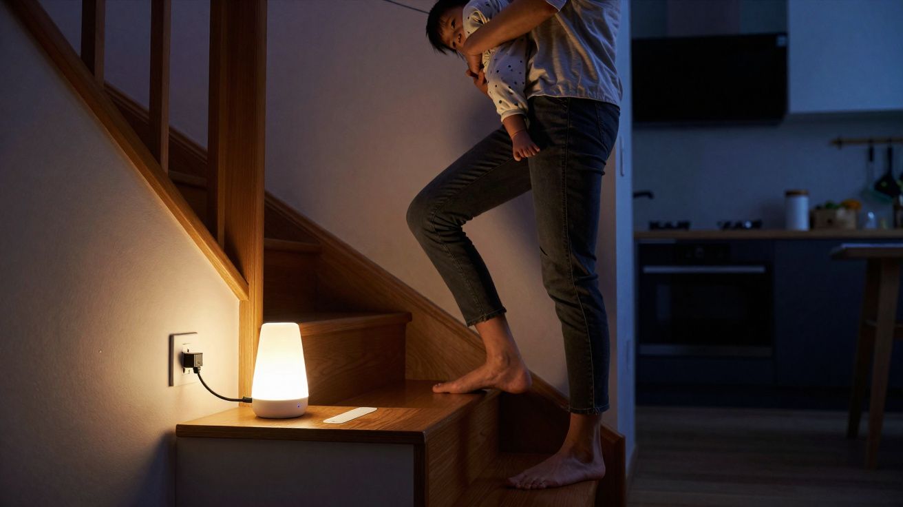 Pessoa subindo escada com bebê nos braços, iluminados por luminária portátil aconchegante à noite.