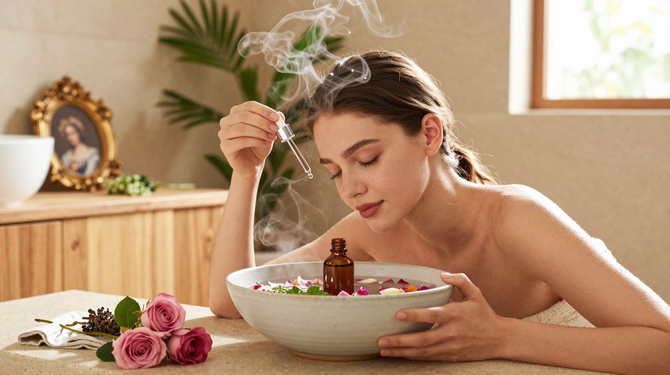 Mulher aplicando óleo essencial em ambiente relaxante com flores e vapor, promovendo bem-estar.