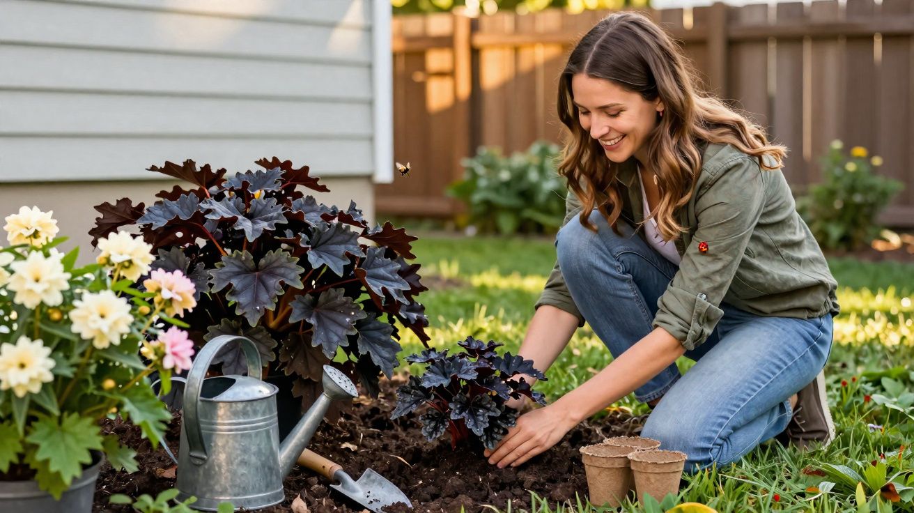 Mulher sorridente plantando flores em jardim ensolarado, com regador e ferramentas ao redor.